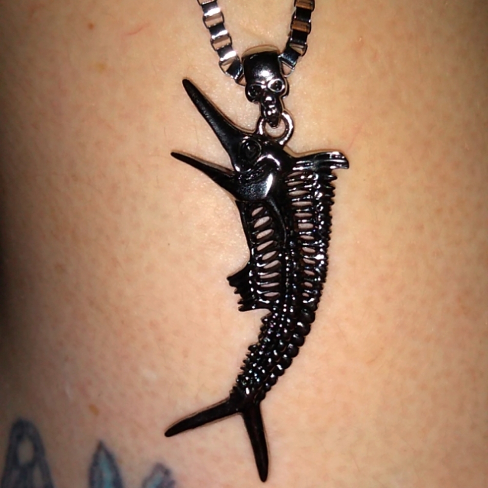 Swordfish Skeleton on a Silvertone Box Chain Pendant Necklace
